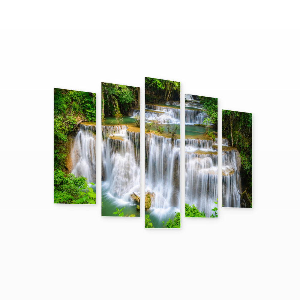 Magical Waterfalls in a Tropical Forest Landscape Study — five-panel wall art on white background in perspective | 5wallart 55447 M1