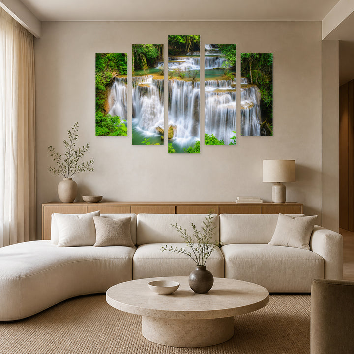 Magical Waterfalls in a Tropical Forest Landscape Study — five-panel wall art in frontal interior | 5wallart 55447 M3
