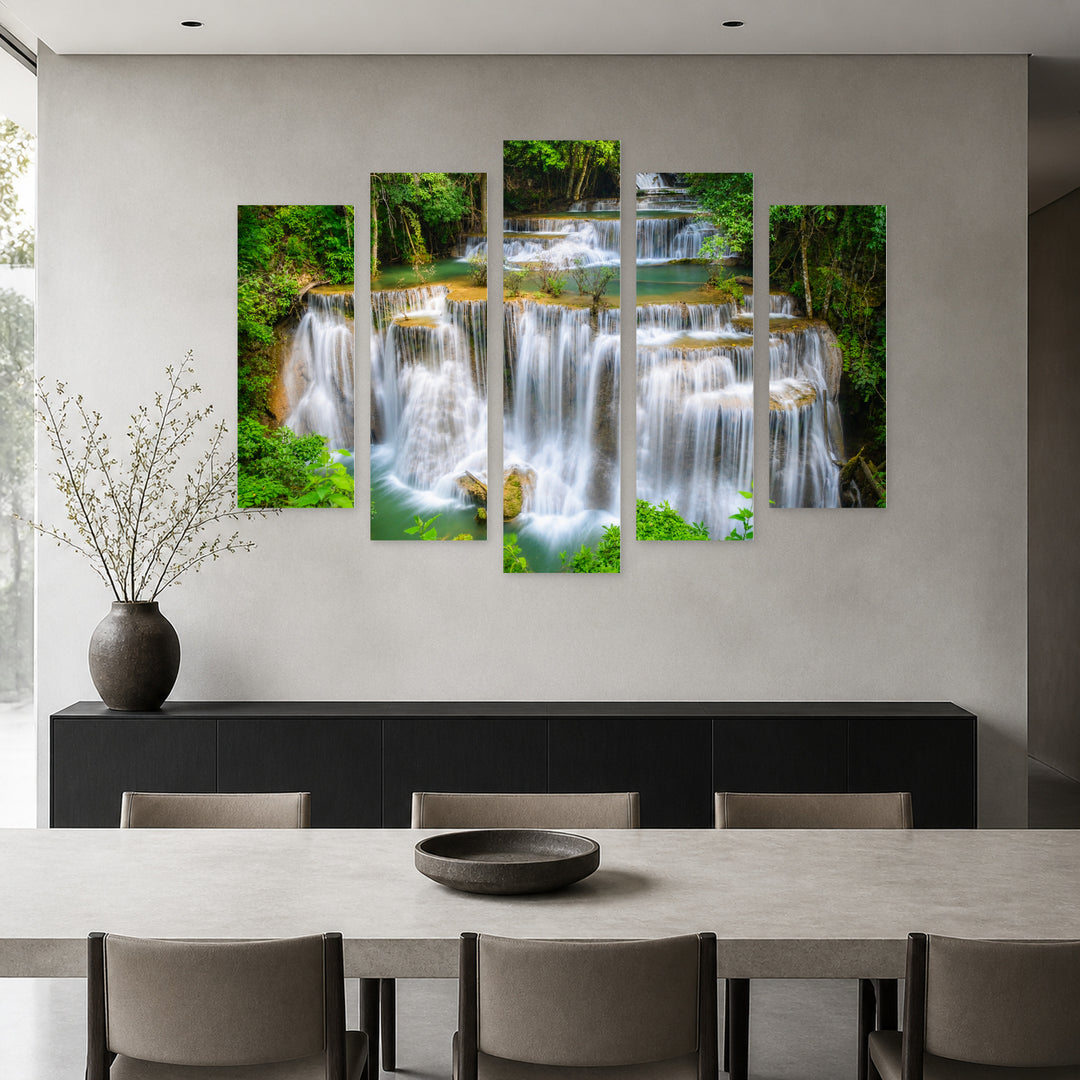 Magical Waterfalls in a Tropical Forest Landscape Study — five-panel wall art in alternate frontal interior | 5wallart 55447 M4