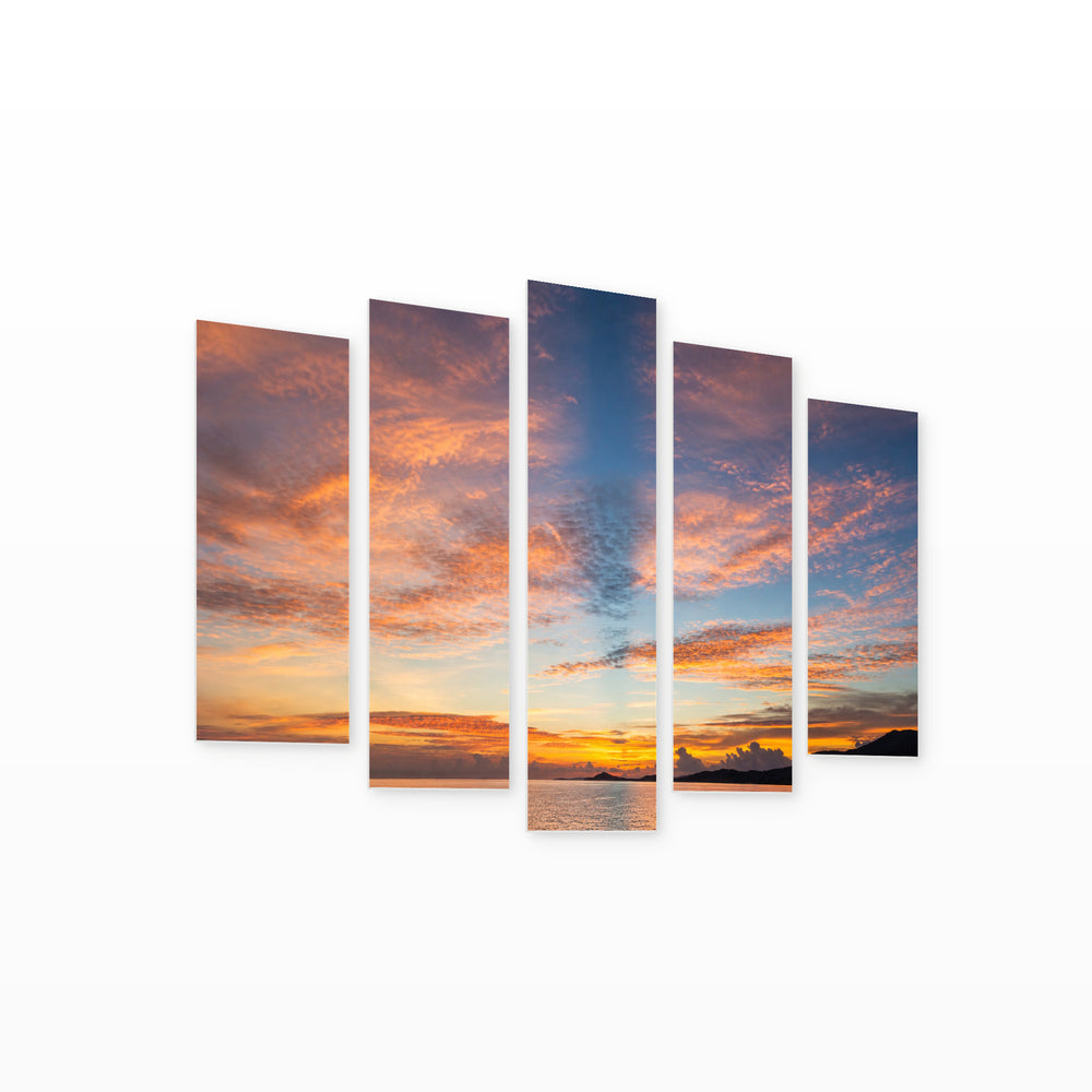 A Calm Ocean Sunset Glow — five-panel wall art on white background in perspective | 5wallart 55448 M1