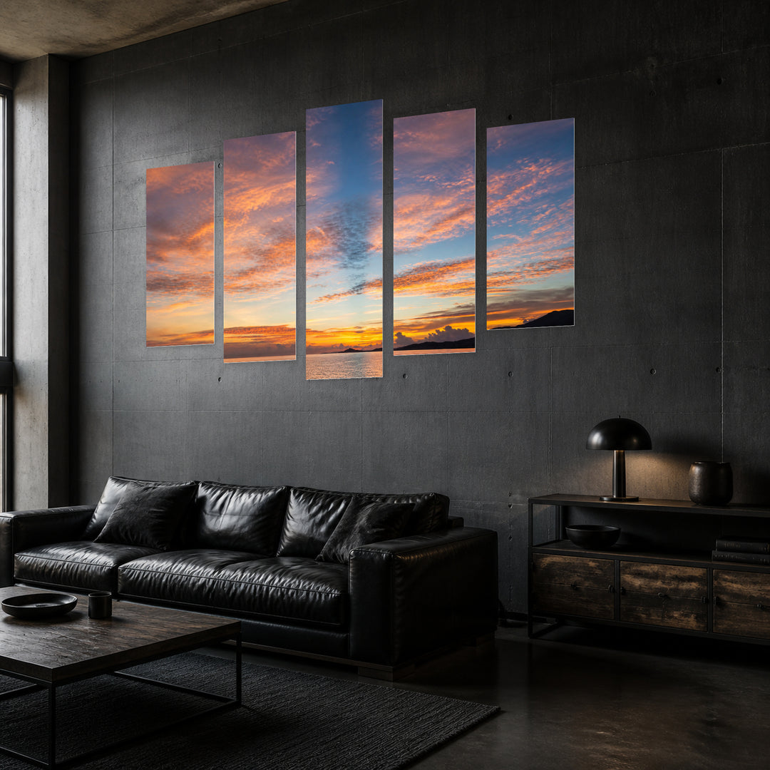 A Calm Ocean Sunset Glow — five-panel wall art in perspective interior | 5wallart 55448 M2