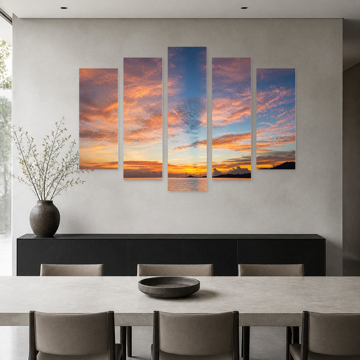 A Calm Ocean Sunset Glow — five-panel wall art in frontal interior | 5wallart 55448 M3