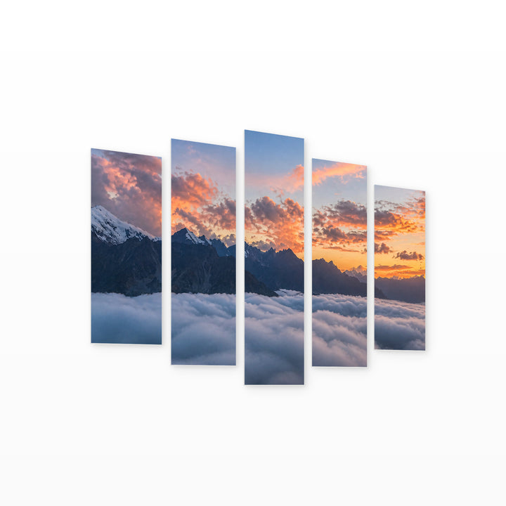 The Mountain Sunset Glow — five-panel wall art on white background in perspective | 5wallart 55449 M1