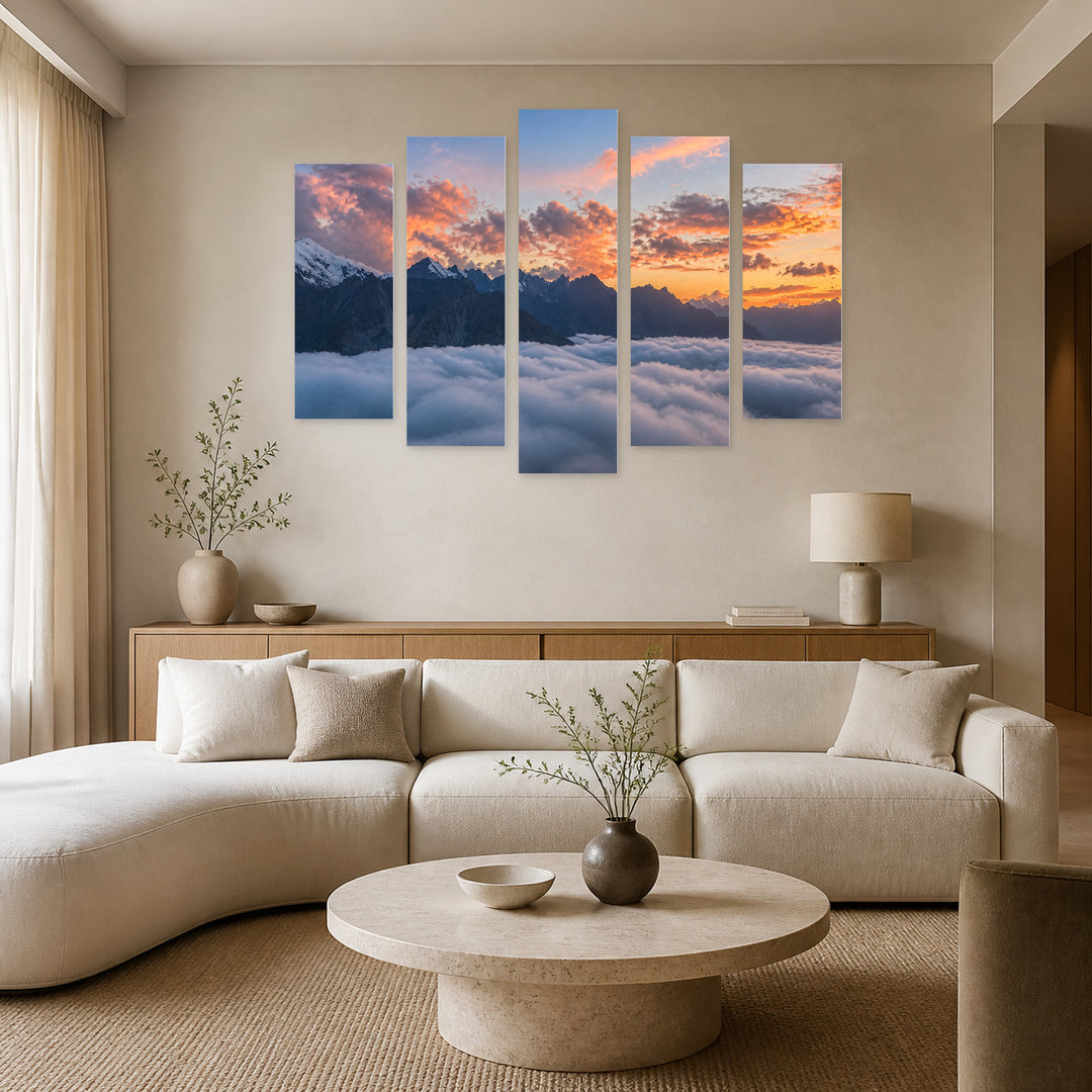 The Mountain Sunset Glow — five-panel wall art in frontal interior | 5wallart 55449 M3