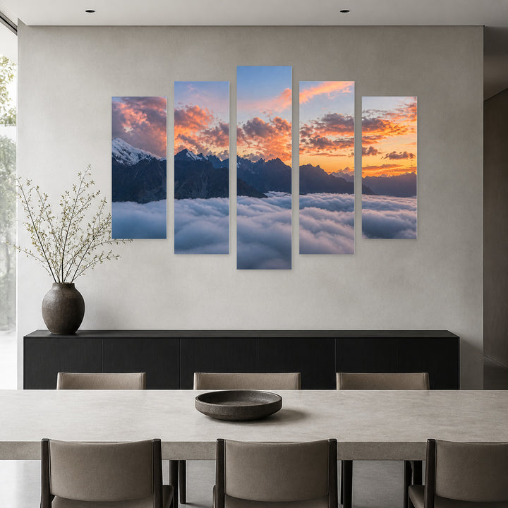 The Mountain Sunset Glow — five-panel wall art in alternate frontal interior | 5wallart 55449 M4