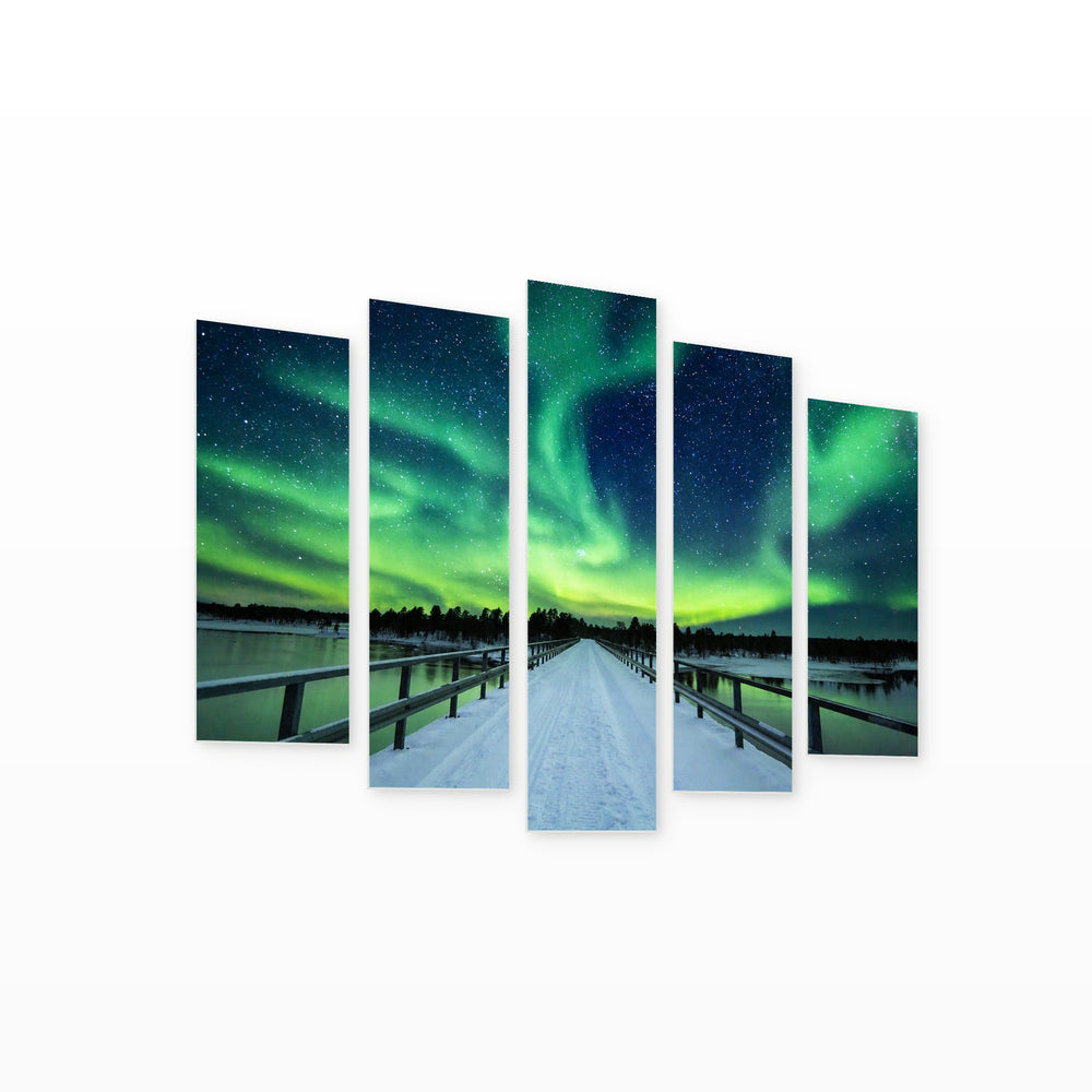 Northern Lights in Winter in Vivid Color — five-panel wall art on white background in perspective | 5wallart 55451 M1