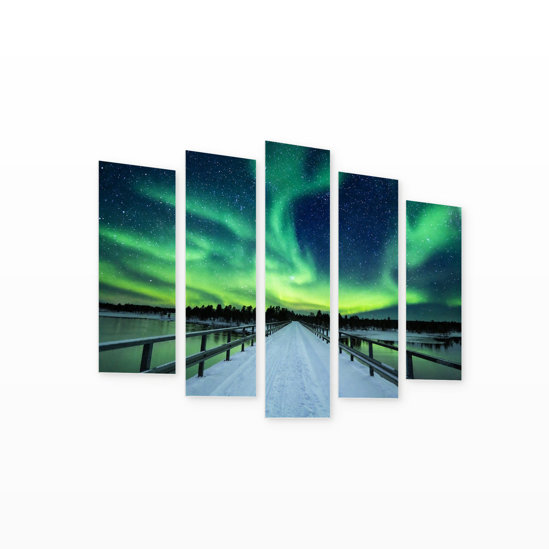 Northern Lights in Winter in Vivid Color — five-panel wall art on white background in perspective | 5wallart 55451 M1