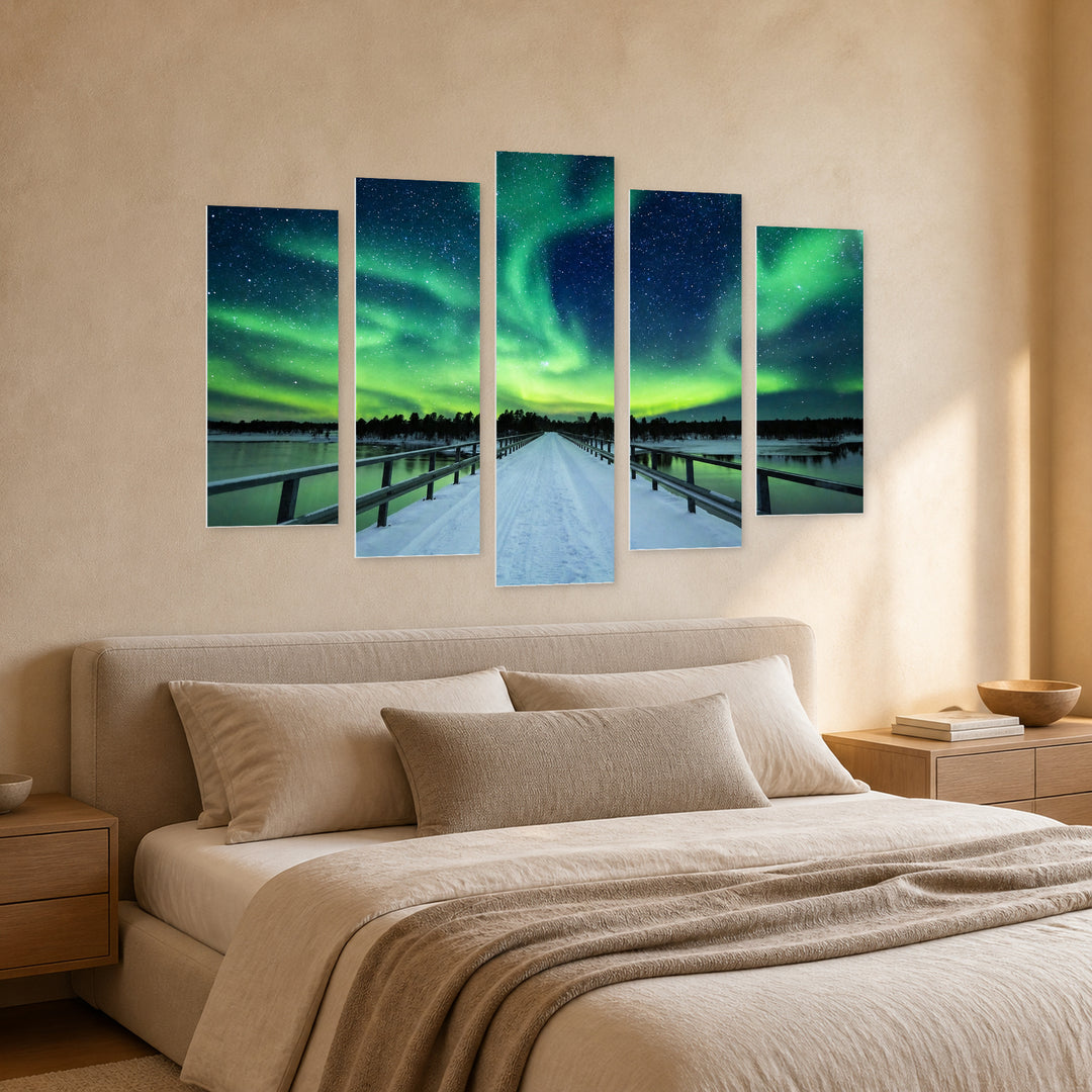 Northern Lights in Winter in Vivid Color — five-panel wall art in perspective interior | 5wallart 55451 M2
