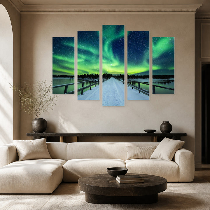 Northern Lights in Winter in Vivid Color — five-panel wall art in frontal interior | 5wallart 55451 M3