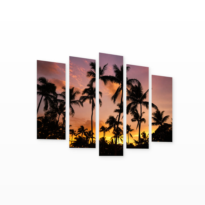 Silhouettes of Palm Trees at Golden Sunset III — five-panel wall art on white background in perspective | 5wallart 55454 M1