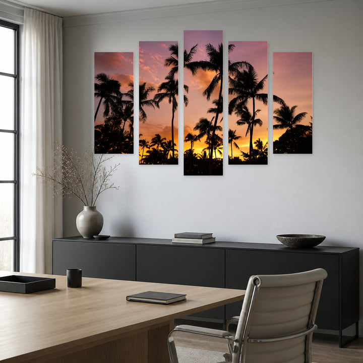 Silhouettes of Palm Trees at Golden Sunset III — five-panel wall art in frontal interior | 5wallart 55454 M3