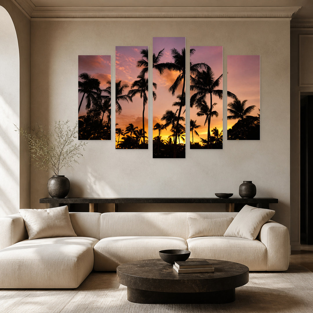 Silhouettes of Palm Trees at Golden Sunset III — five-panel wall art in alternate frontal interior | 5wallart 55454 M4