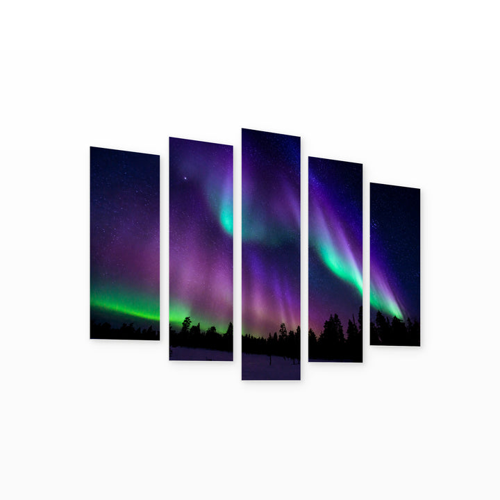 Northern Lights in Vivid Color — five-panel wall art on white background in perspective | 5wallart 55457 M1