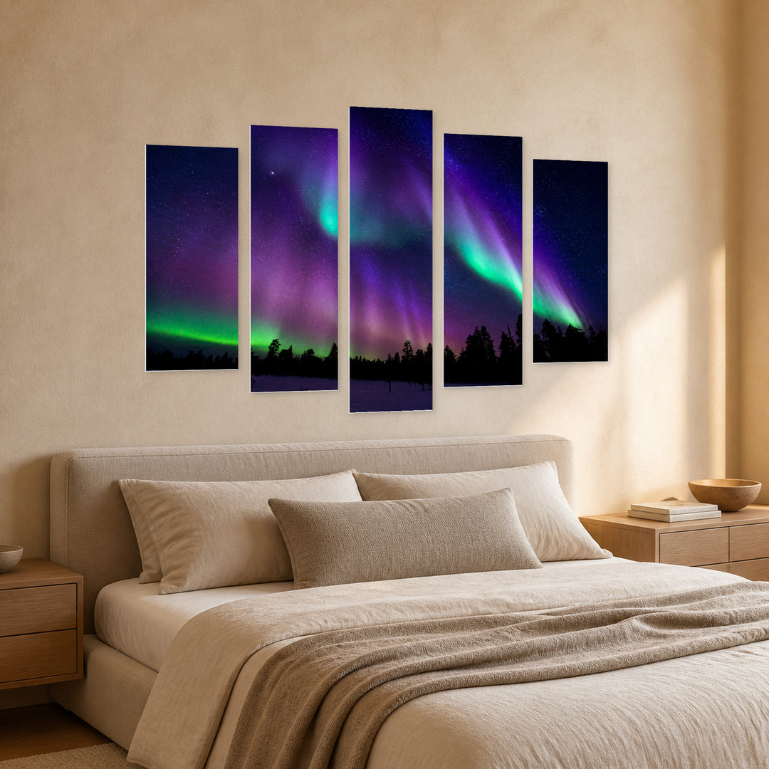 Northern Lights in Vivid Color — five-panel wall art in perspective interior | 5wallart 55457 M2