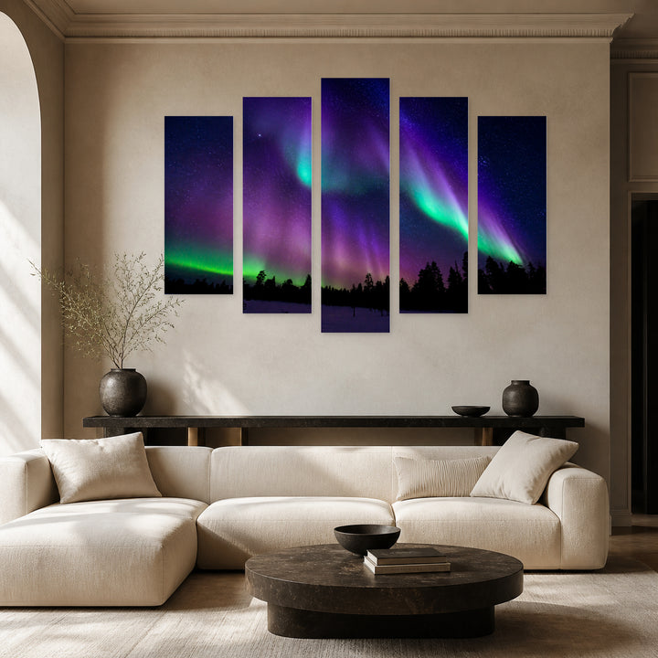 Northern Lights in Vivid Color — five-panel wall art in frontal interior | 5wallart 55457 M3