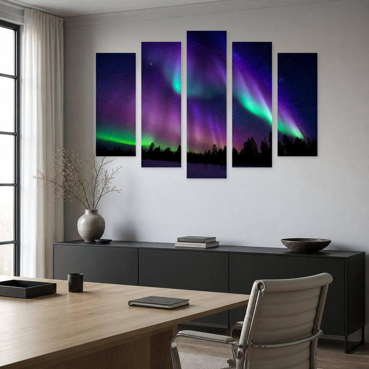 Northern Lights in Vivid Color — five-panel wall art in alternate frontal interior | 5wallart 55457 M4