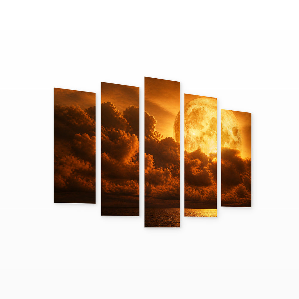 Surreal Image of the Moon with Geometric Rhythm — five-panel wall art on white background in perspective | 5wallart 55458 M1