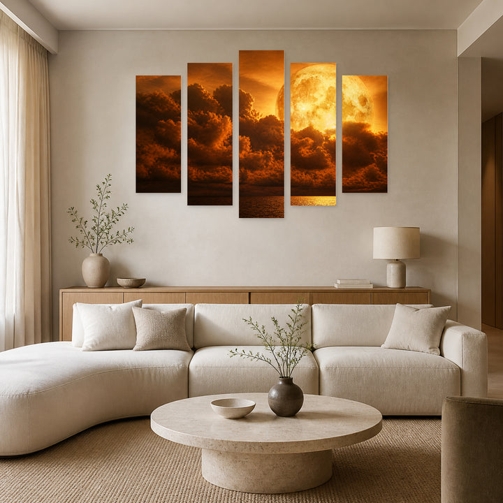 Surreal Image of the Moon with Geometric Rhythm — five-panel wall art in alternate frontal interior | 5wallart 55458 M4