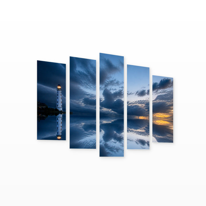 Night Sea Landscape with Lighthouse in Serene Light — five-panel wall art on white background in perspective | 5wallart 55459 M1