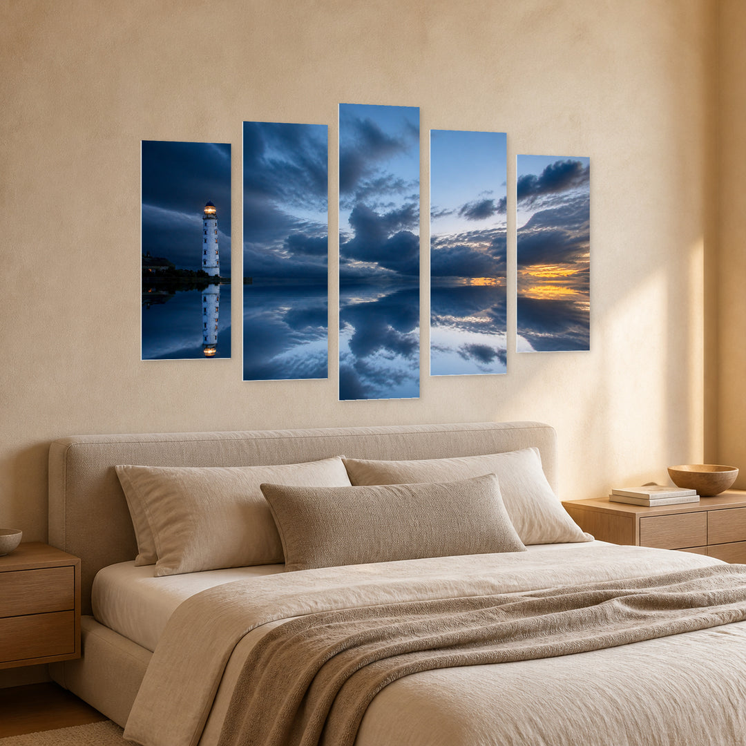 Night Sea Landscape with Lighthouse in Serene Light — five-panel wall art in perspective interior | 5wallart 55459 M2