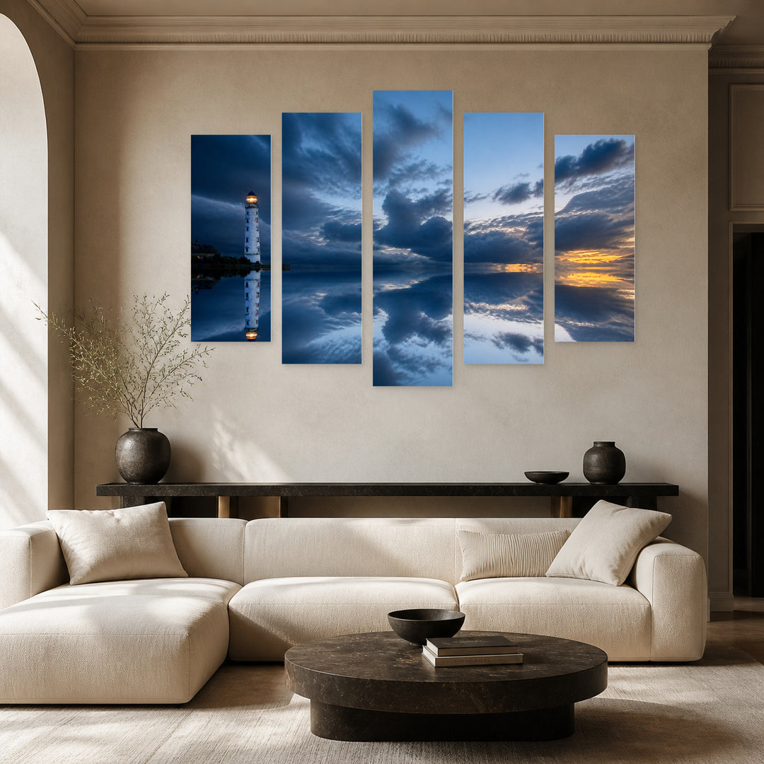 Night Sea Landscape with Lighthouse in Serene Light — five-panel wall art in frontal interior | 5wallart 55459 M3