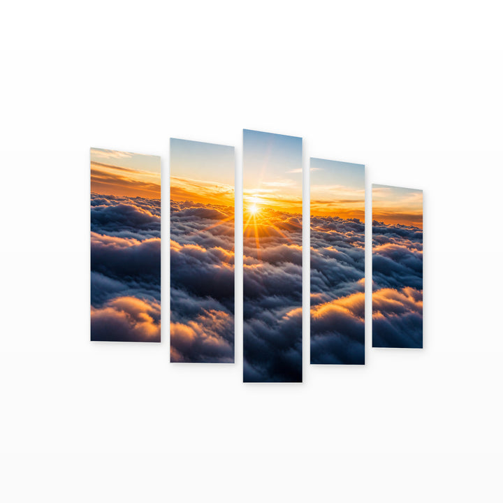 Sunrise Above the Clouds in Blue and Gold — five-panel wall art on white background in perspective | 5wallart 55460 M1