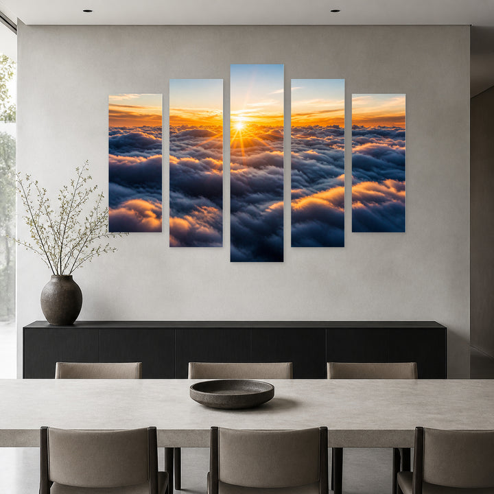 Sunrise Above the Clouds in Blue and Gold — five-panel wall art in frontal interior | 5wallart 55460 M3