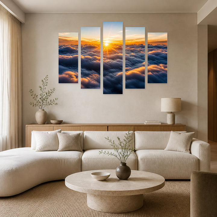 Sunrise Above the Clouds in Blue and Gold — five-panel wall art in alternate frontal interior | 5wallart 55460 M4