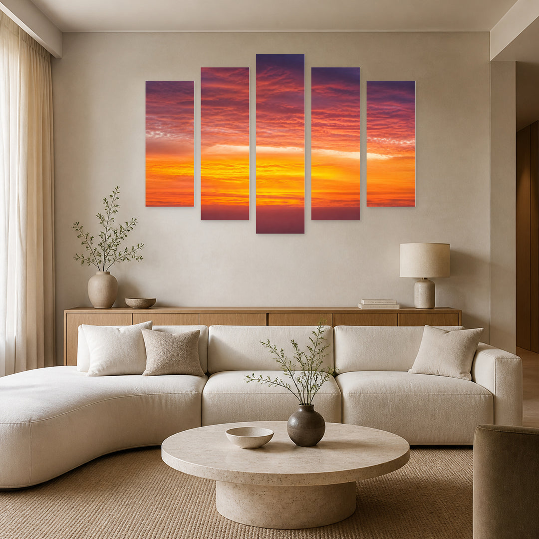 Golden Romantic Sunset — five-panel wall art in frontal interior | 5wallart 55461 M3