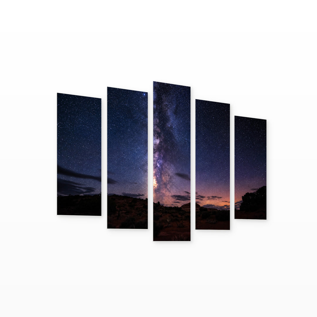 Night Sky and the Milky Way Landscape Study — five-panel wall art on white background in perspective | 5wallart 55464 M1