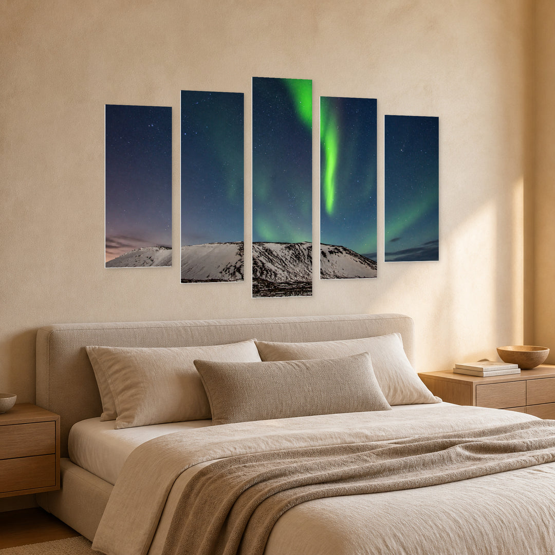 Northern Lights Aurora with Dreamlike Atmosphere — five-panel wall art in perspective interior | 5wallart 55465 M2