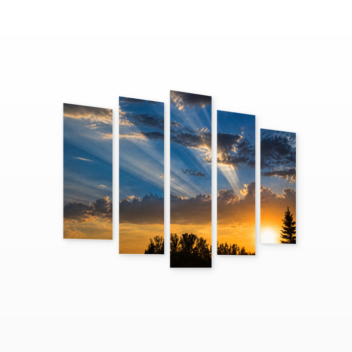 Sun Rays over the Forest with Dreamlike Atmosphere — five-panel wall art on white background in perspective | 5wallart 55466 M1