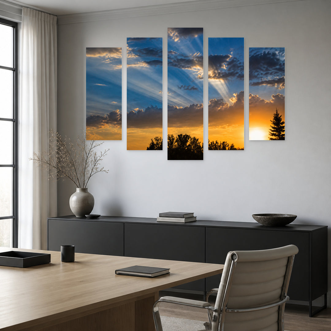 Sun Rays over the Forest with Dreamlike Atmosphere — five-panel wall art in frontal interior | 5wallart 55466 M3