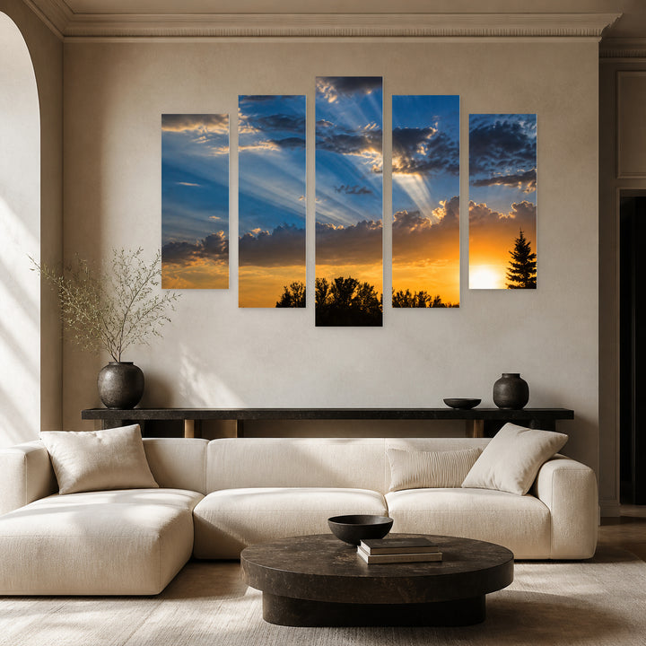 Sun Rays over the Forest with Dreamlike Atmosphere — five-panel wall art in alternate frontal interior | 5wallart 55466 M4
