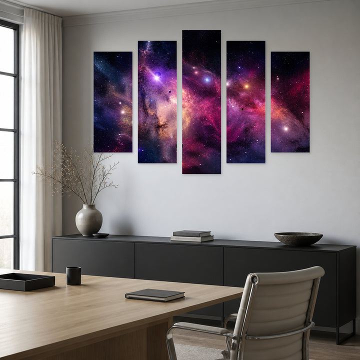Infinite Universe with Dreamlike Atmosphere — five-panel wall art in alternate frontal interior | 5wallart 55467 M4