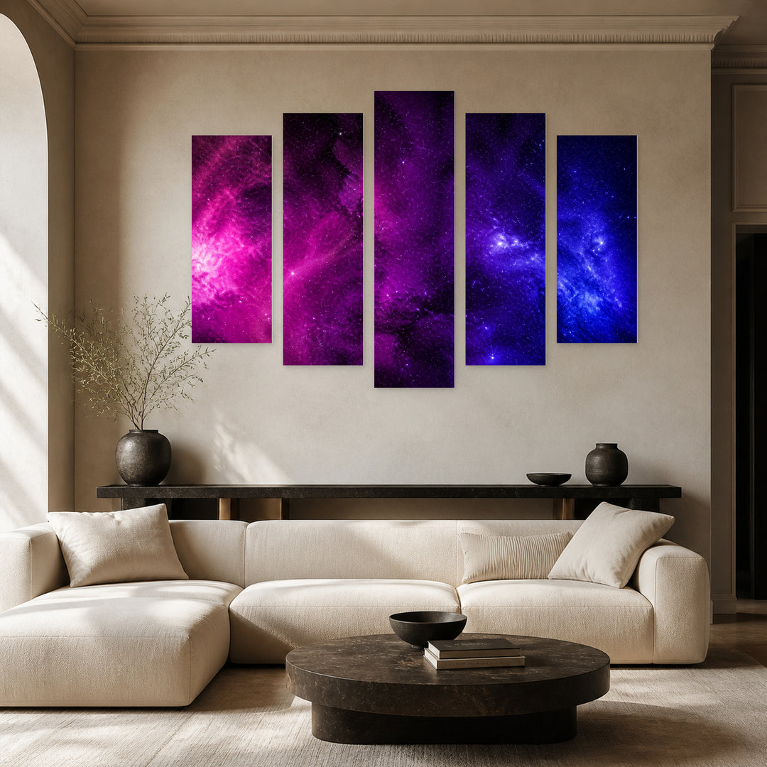 Infinite Universe in Serene Light — five-panel wall art in alternate frontal interior | 5wallart 55468 M4