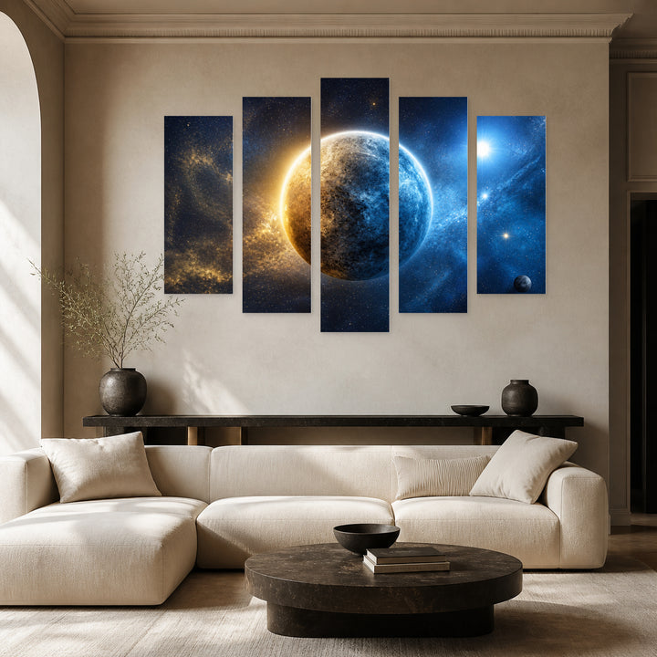 Planet in Space in Blue and Gold — five-panel wall art in frontal interior | 5wallart 55469 M3