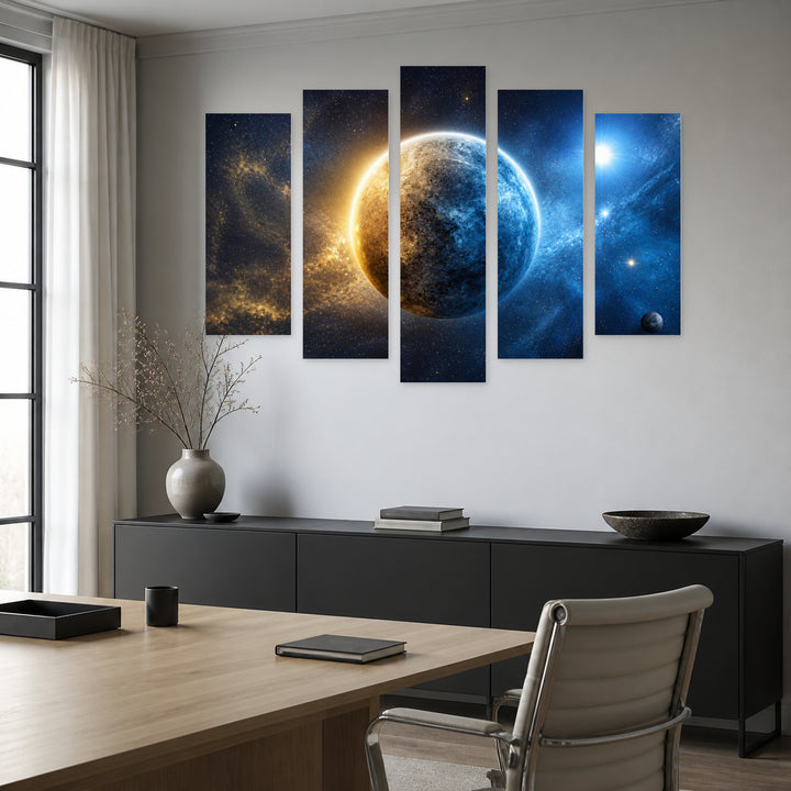 Planet in Space in Blue and Gold — five-panel wall art in alternate frontal interior | 5wallart 55469 M4