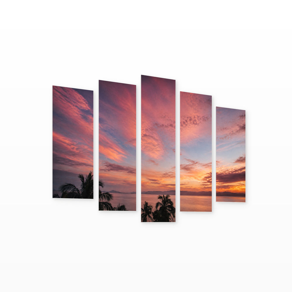 Magical Sunset over the Sea Coastal Panorama — five-panel wall art on white background in perspective | 5wallart 55470 M1