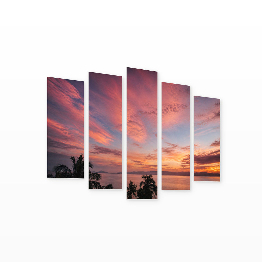 Magical Sunset over the Sea Coastal Panorama — five-panel wall art on white background in perspective | 5wallart 55470 M1