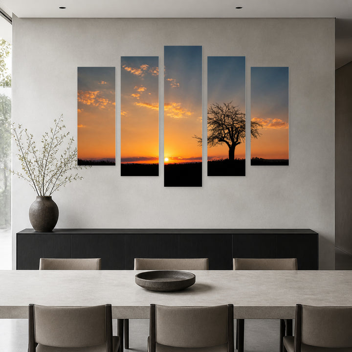 Golden Sunset over Tree II — five-panel wall art in frontal interior | 5wallart 55472 M3