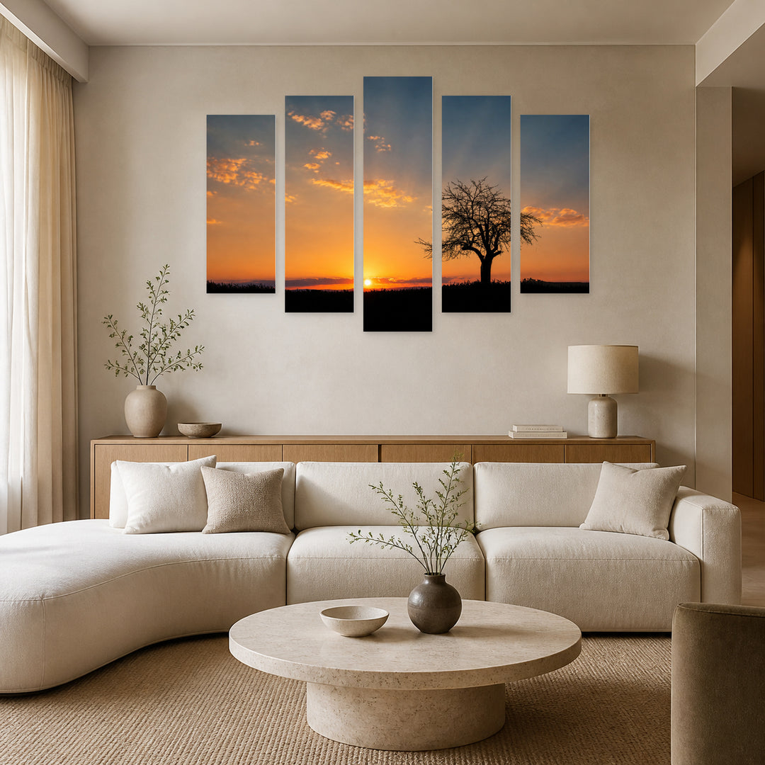 Golden Sunset over Tree II — five-panel wall art in alternate frontal interior | 5wallart 55472 M4