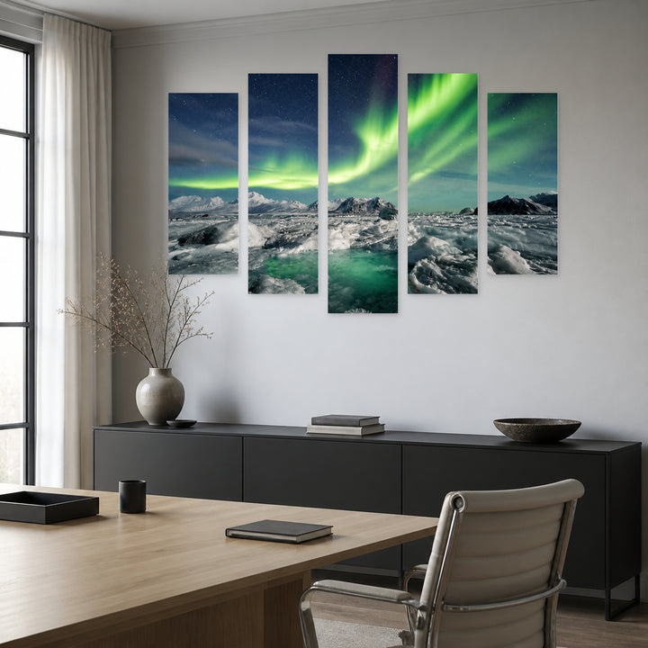 Arctic Winter Landscape with Northern Lights Landscape Study — five-panel wall art in frontal interior | 5wallart 55474 M3