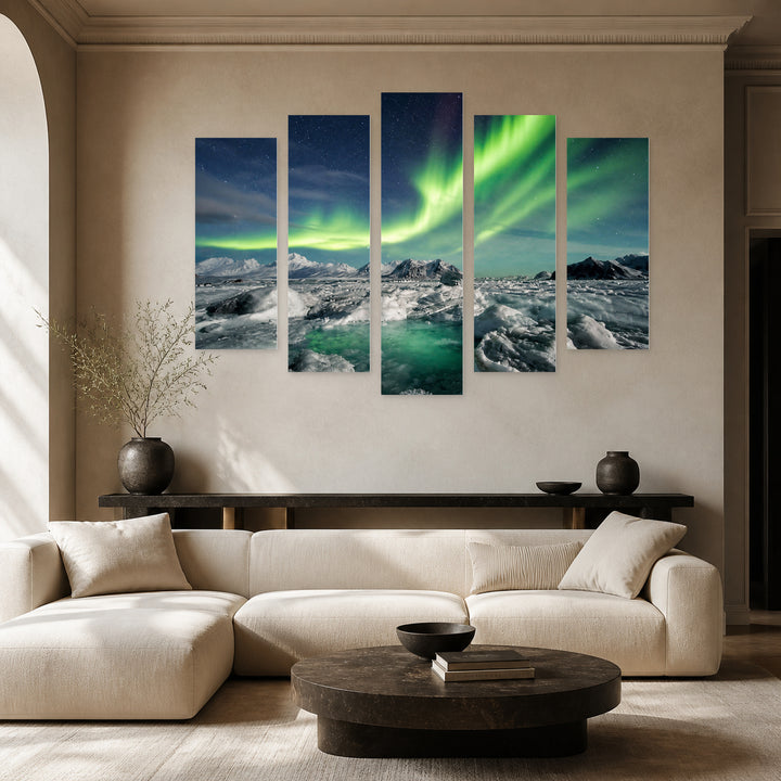 Arctic Winter Landscape with Northern Lights Landscape Study — five-panel wall art in alternate frontal interior | 5wallart 55474 M4