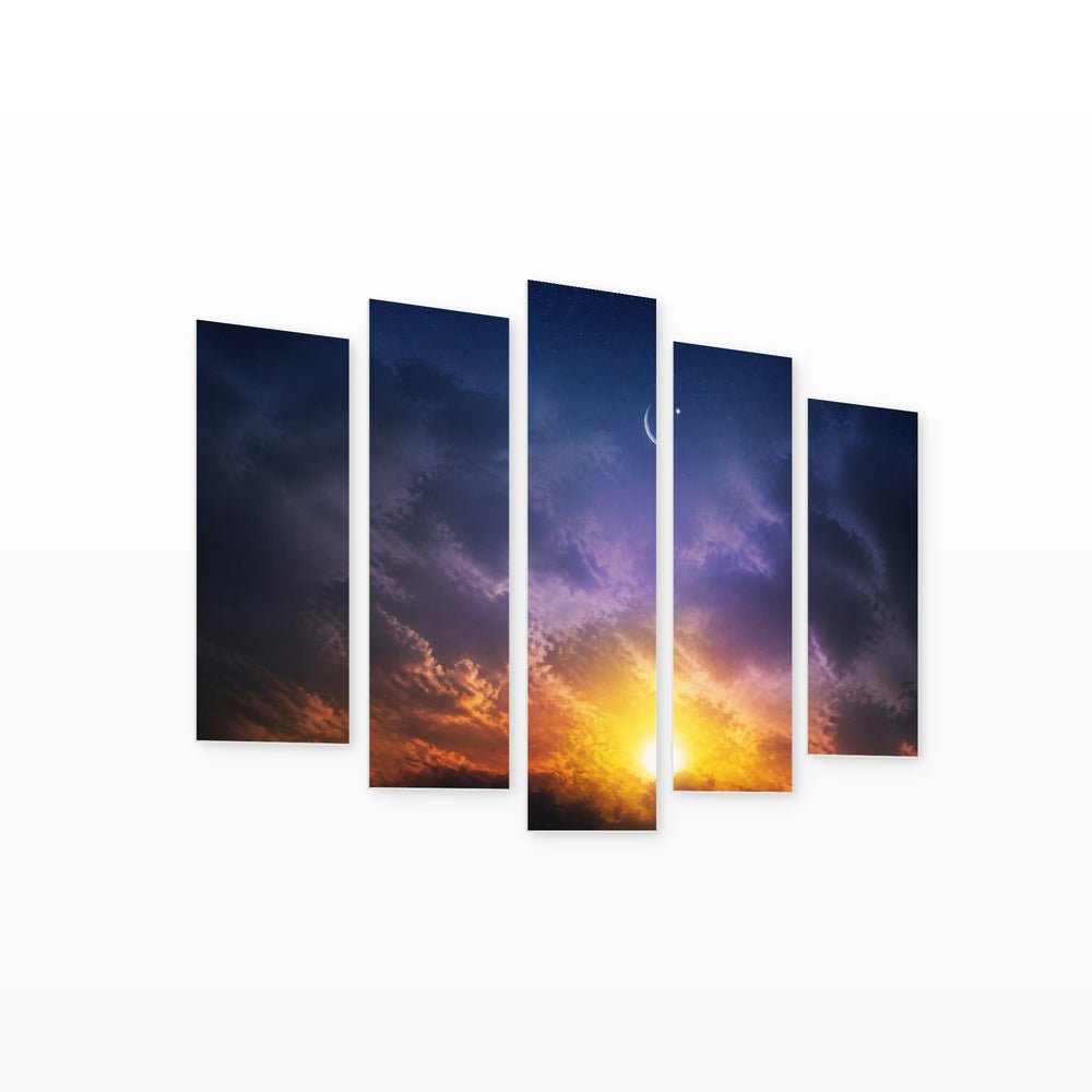 Moon in the Night Sky in Serene Light — five-panel wall art on white background in perspective | 5wallart 55475 M1