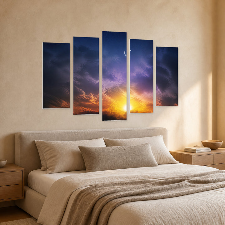 Moon in the Night Sky in Serene Light — five-panel wall art in perspective interior | 5wallart 55475 M2