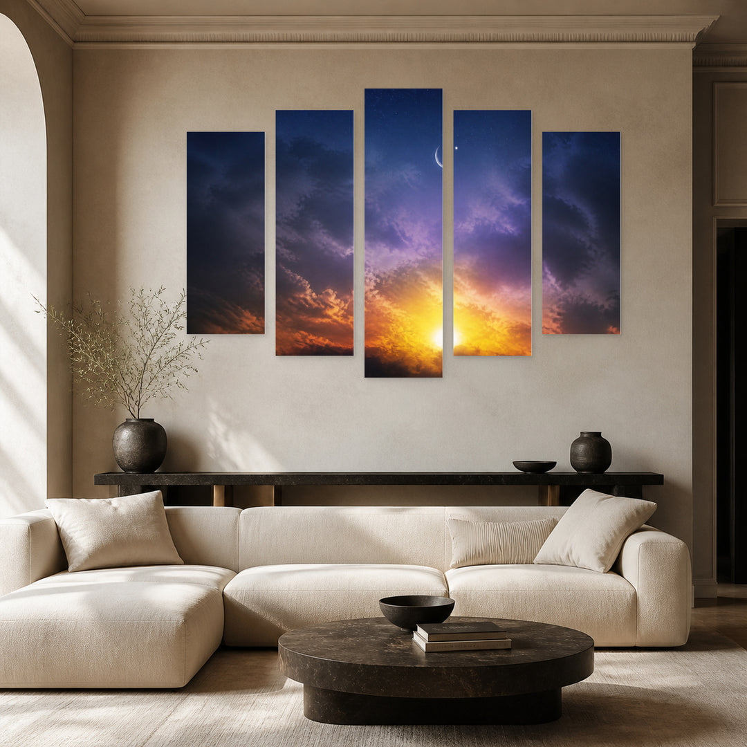 Moon in the Night Sky in Serene Light — five-panel wall art in frontal interior | 5wallart 55475 M3