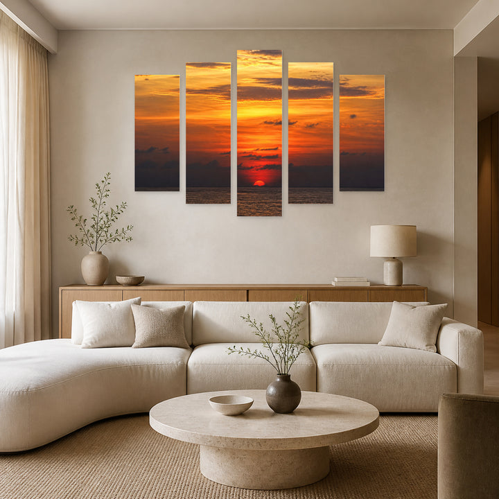 The Sea 2 Sunset Glow — five-panel wall art in frontal interior | 5wallart 55477 M3