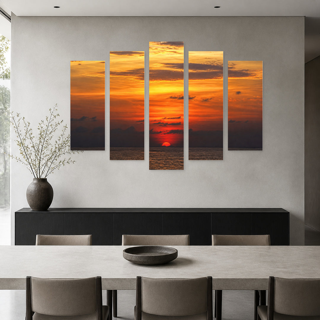 The Sea 2 Sunset Glow — five-panel wall art in alternate frontal interior | 5wallart 55477 M4