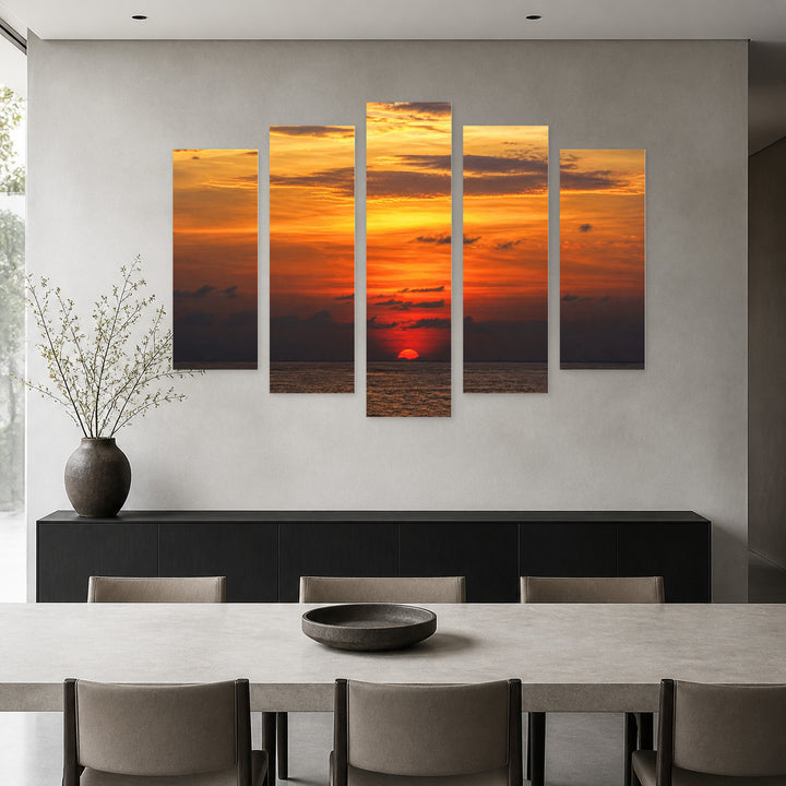 The Sea 2 Sunset Glow — five-panel wall art in alternate frontal interior | 5wallart 55477 M4